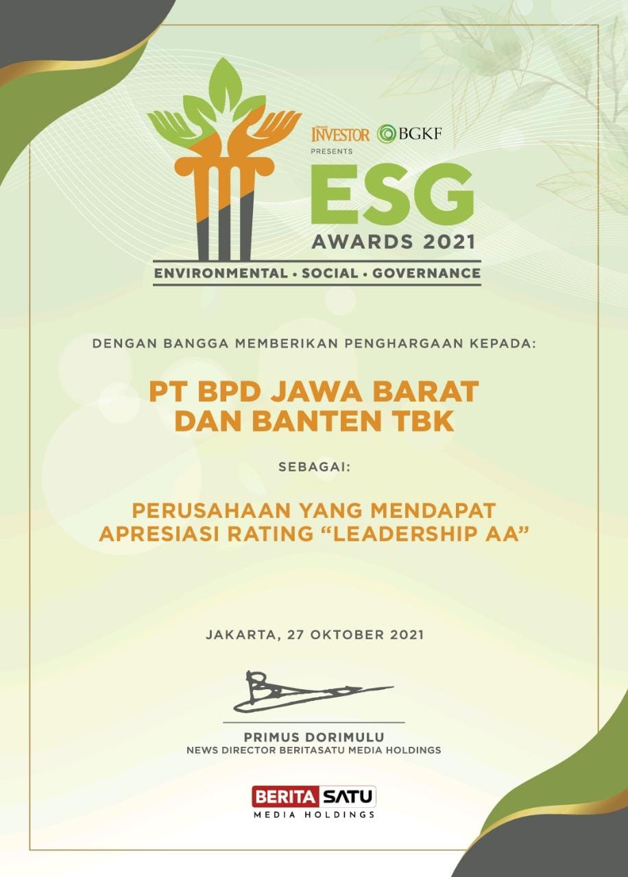  bank bjb Raih Leadership AA dalam ESG Disclosure Awards 2021